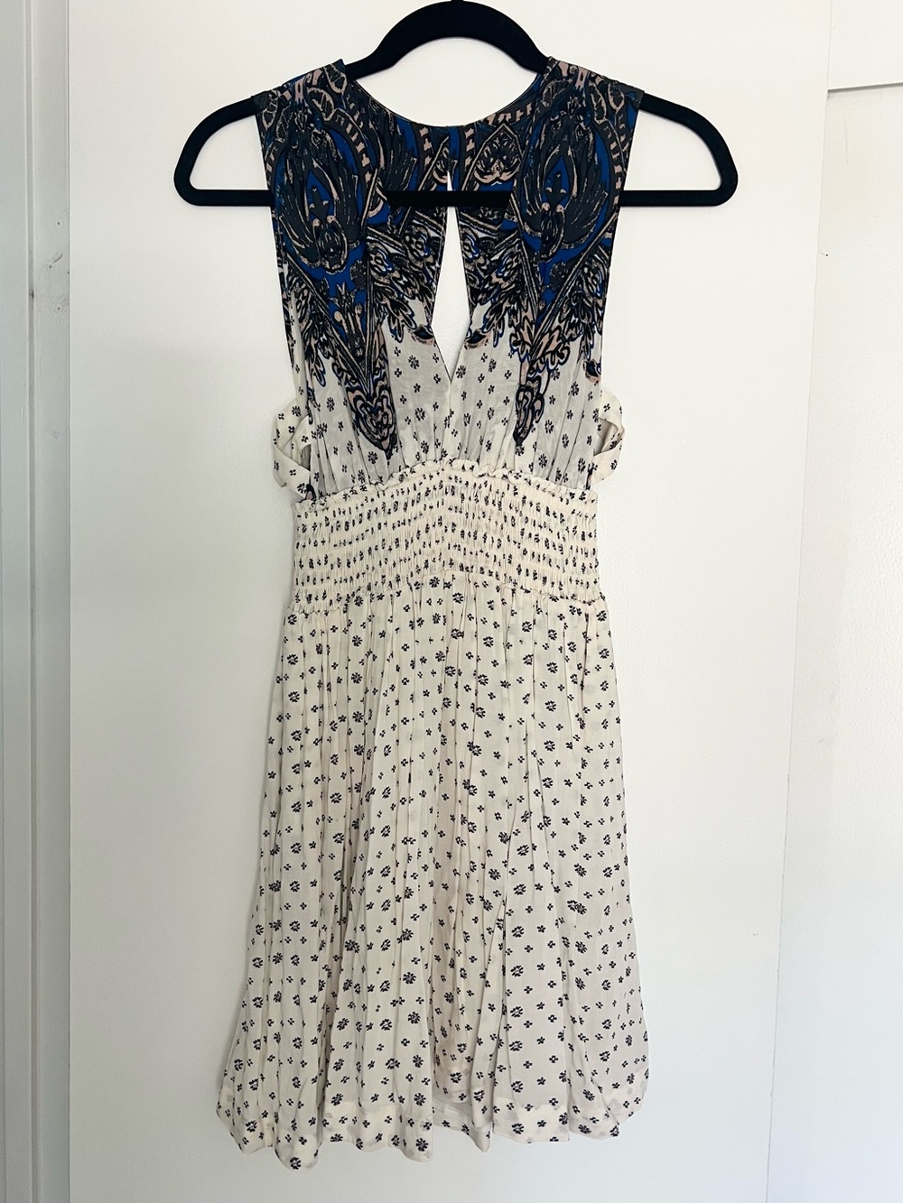 Free People Cream mini Dress with Blue and Black Paisley- size small